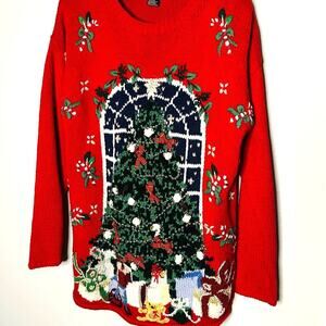Vintage 90s Metropolitan New York Red Ugly Tree Bows Candy Cane Sweater Size S